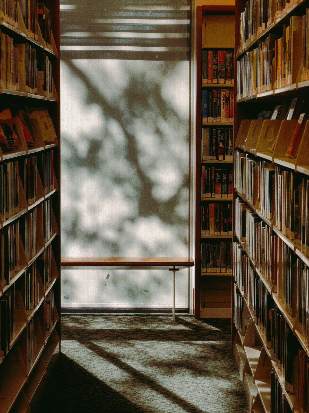 Проход между книжными стеллажами библиотеки, освещённый солнцем из окна
